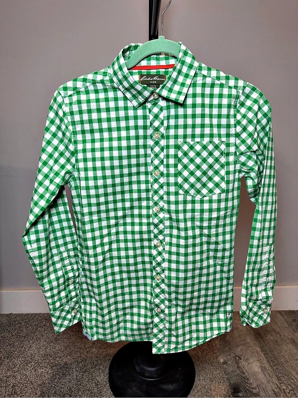 Eddie Bauer Boys Gingham Button Down in Green & White Size Medium Like N